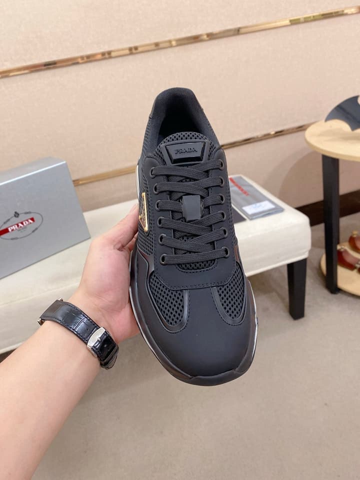 Prada Men's Leather Mesh Sneakers – New Collection in Light Grey With White Logo