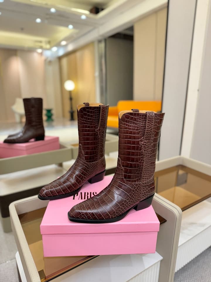 Paris Texas Crocodile Embossed Western Ankle Boots in Chocolate Croc
