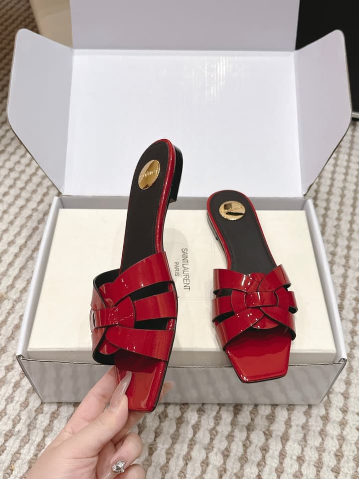 Saint Laurent Melody Square Toe Flat Sandals – 2026SS in Burgundy Patent