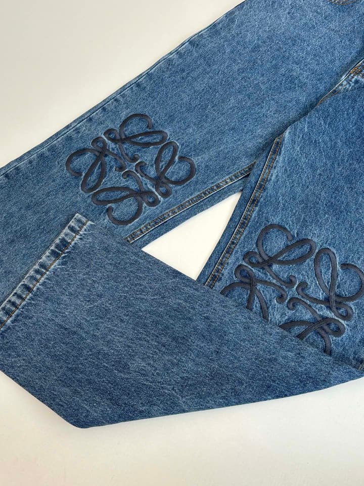 Loewe Anagram Embroidered Washed Distressed Jeans in Washed Black