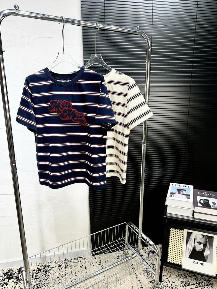 Miu Miu Embroidered Striped T-Shirt in Cream Striped