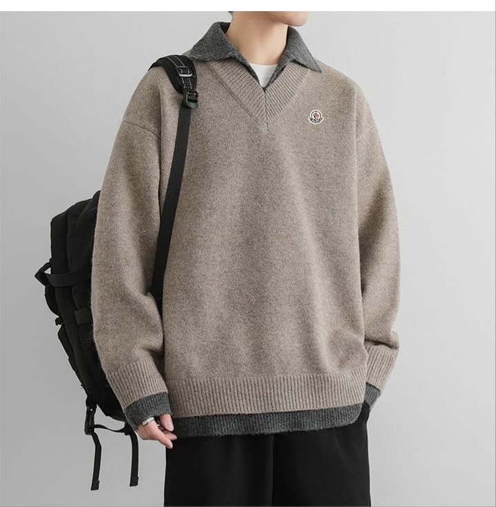 Moncler Double V-Neck Blended Knit Sweater – Spring/Autumn New Collection in Dark Grey