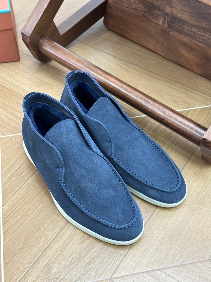 Loro Piana Men's Luxury Fur Boots in Navy Suede