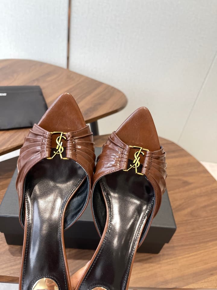 Saint Laurent Pointed Toe Stiletto Heeled Sandals – 26SS in Black - Gold Logo Plaque