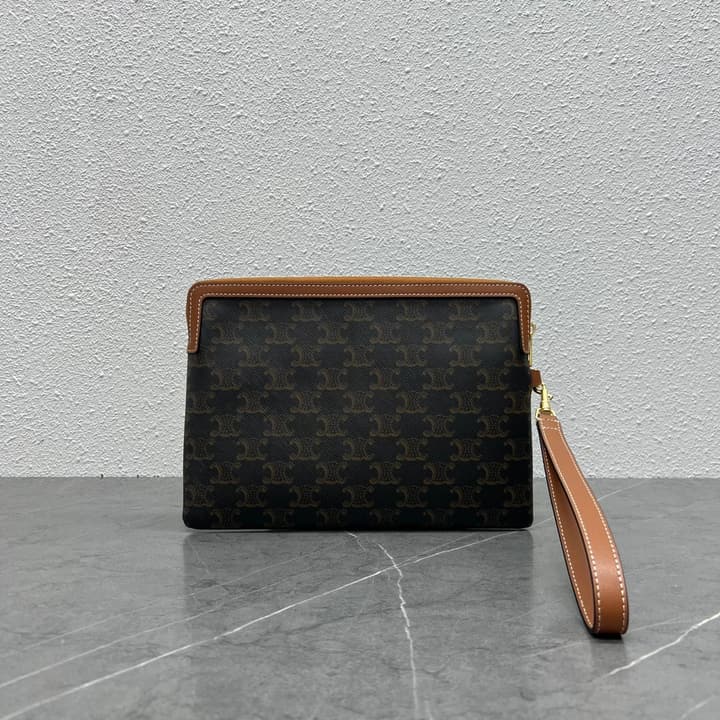 Celine Clutch Bag with Wrist Strap in Dark Monogram With Brown Trim