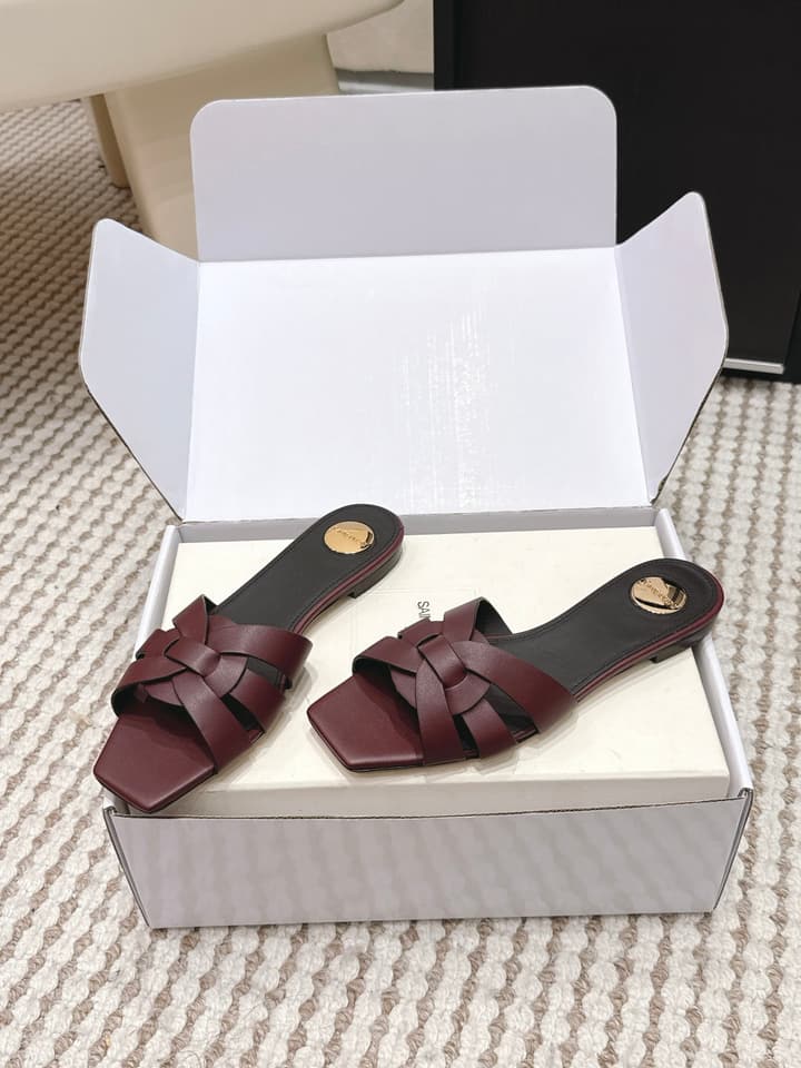 Saint Laurent Melody Square Toe Flat Sandals – 2026SS in Burgundy Patent