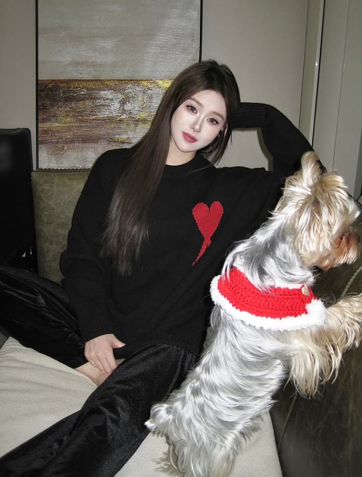 AMI Paris Heart Letter Knitted Sweater in Black With Red Heart