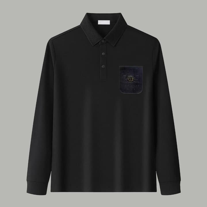 Dior Silk Long Sleeve Polo Shirt with Metal Patch in White With Solid Pocket