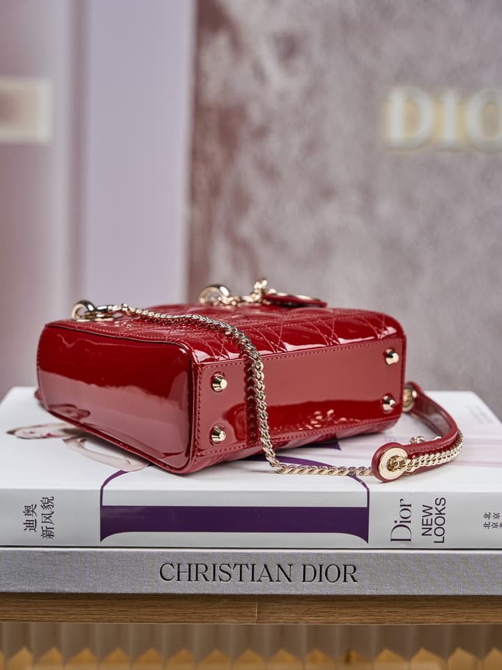 Dior Lady Dior Mini Patent Crossbody Bag in Cherry Red Patent
