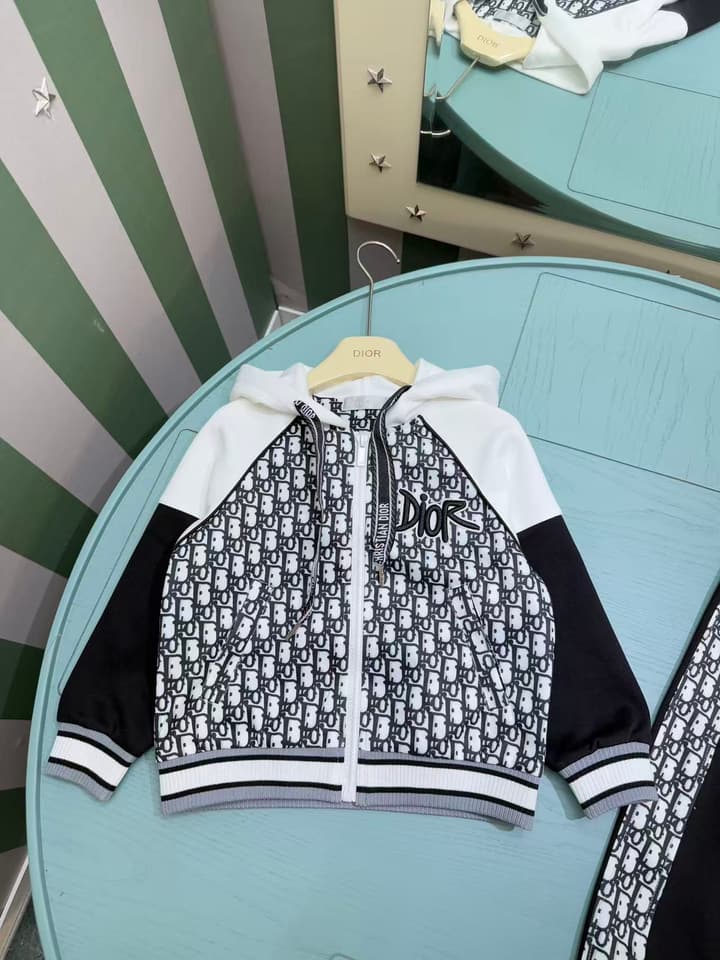 Dior High-End Children's Hooded Tracksuit Set – Kids Collection – 2025AW in Black And White Monogram