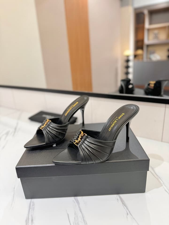 Saint Laurent Crystal Chain Heeled Sandals – 2025 Spring/Summer Collection in Beige
