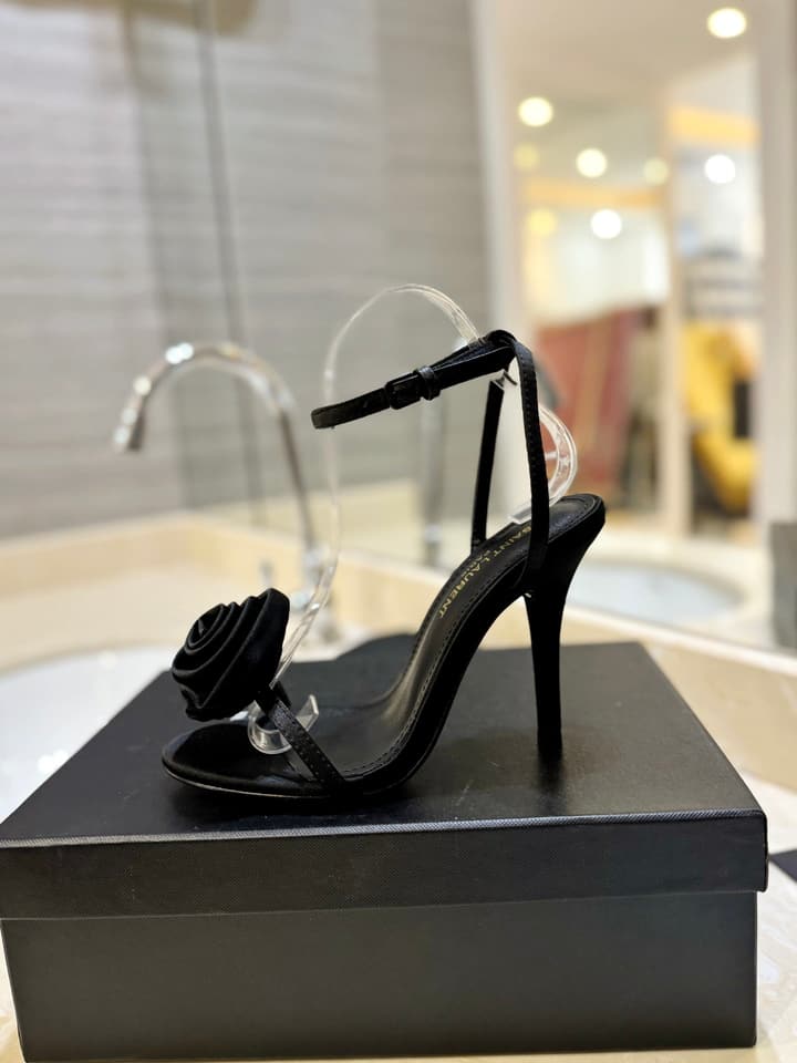 Saint Laurent YSL Flower Buckle Heeled Sandals in Black