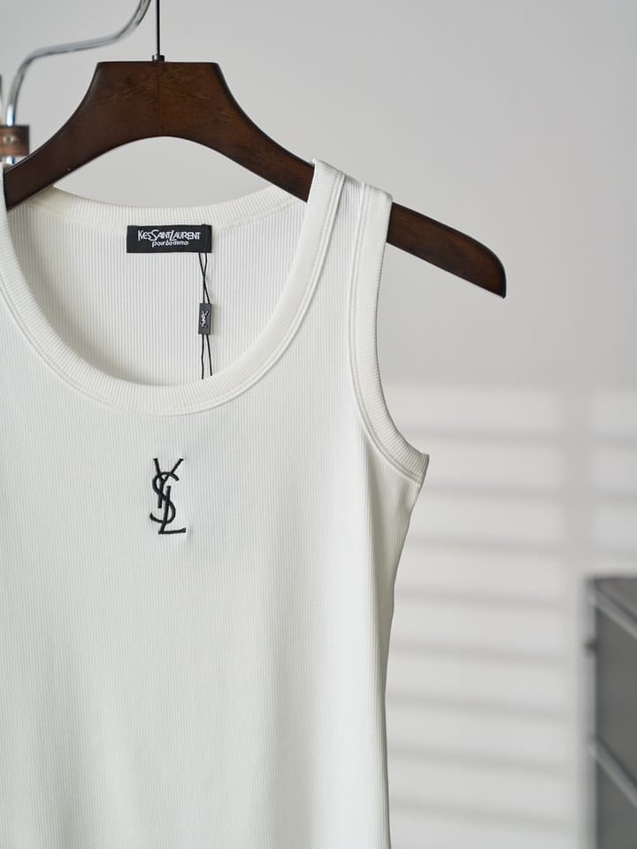 Saint Laurent YSL Embroidered Stretch Tank Top in Black