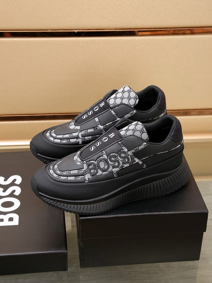 Boss New Men's Luxury Athletic Sneakers in Black With White Detail
