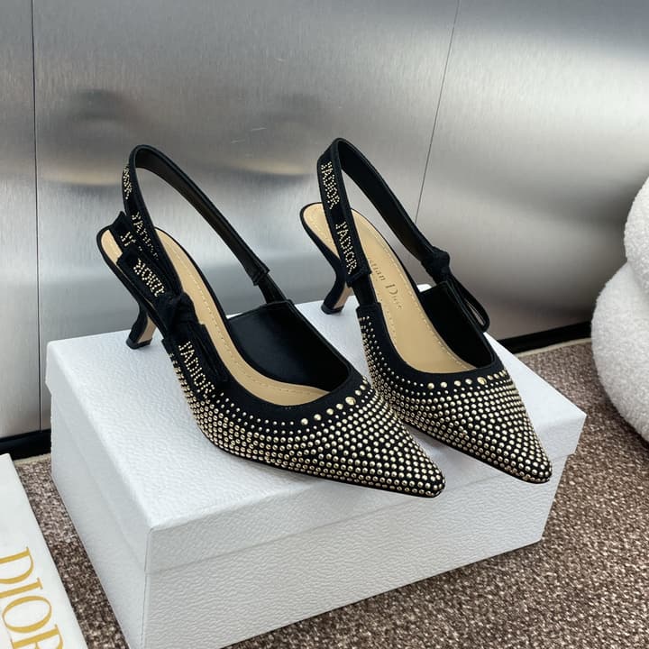 Dior J'Adior Rivet Heeled Sandals – 2024SS in Black Glitter Toe Slingback