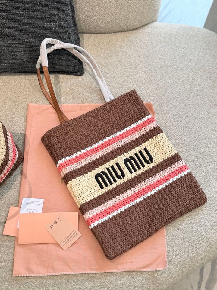 Miu Miu Knit Woven Large Tote Bag in Burgundy Multi-Color Striped
