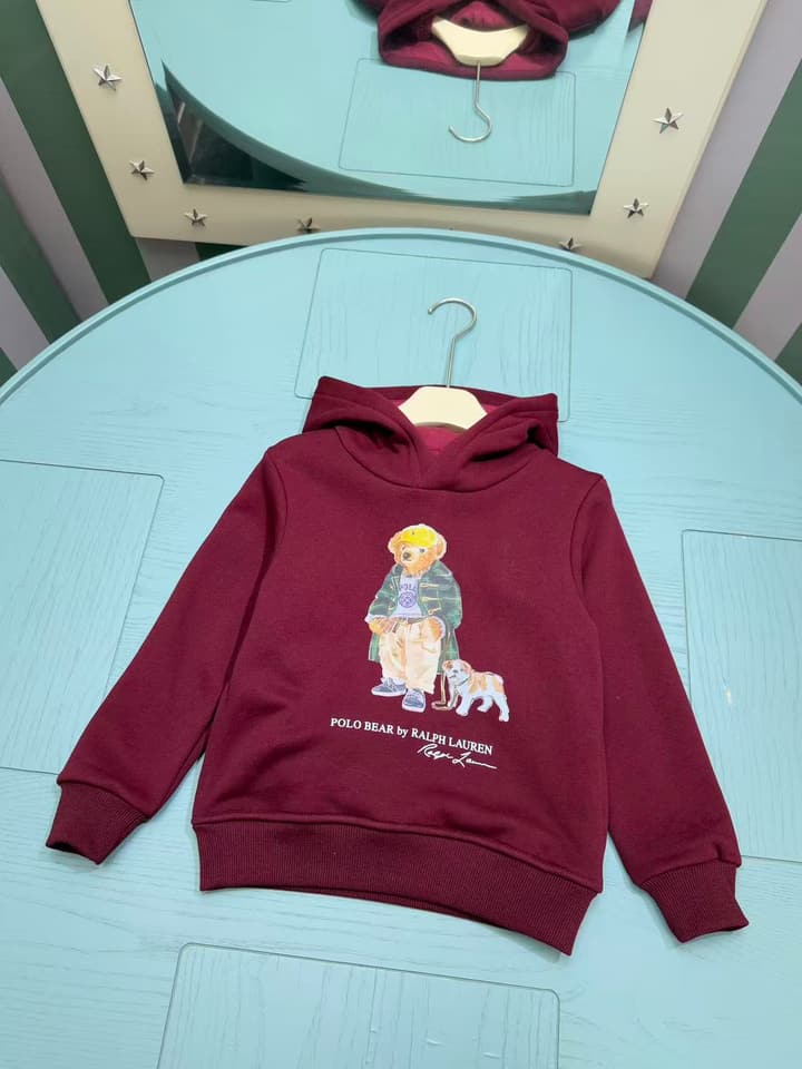 Ralph Lauren Inspired Kids Hooded Sweatshirt – 2025FW – Kids Collection in Burgundy Bear Graphic