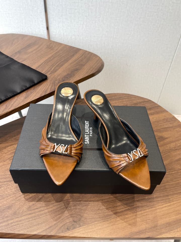 Saint Laurent Pointed Toe Stiletto Heeled Sandals – 26SS in Black - Gold Logo Plaque