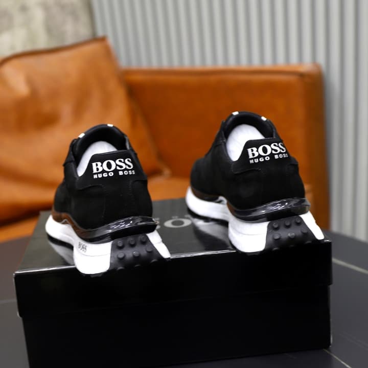 Boss Men's Luxury Running Sneakers in Black Mesh With White Sole