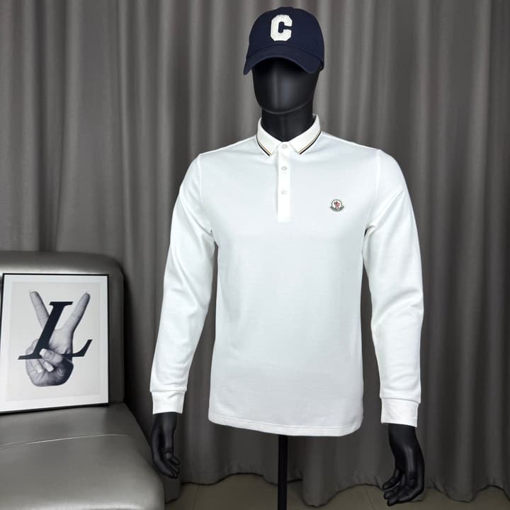 Moncler Classic Embroidered Long-Sleeve Polo Shirt in Black Polo - Hanging Display