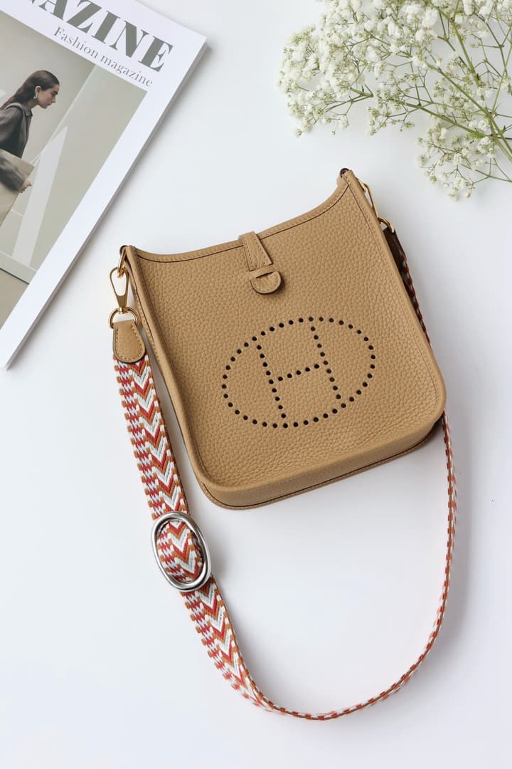 Hermès Mini Evelyne TPM – Biscuit with Colorful Strap in Biscuit With Colorful Strap