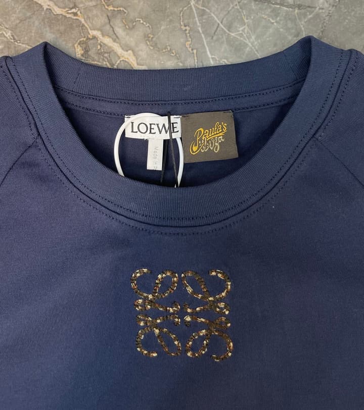 Loewe Cotton Mosaic Anagram Embroidered T-Shirt in Navy Blue