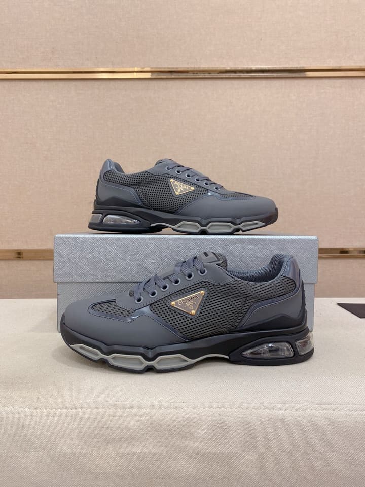Prada Men's Leather Mesh Sneakers – New Collection in Light Grey With White Logo