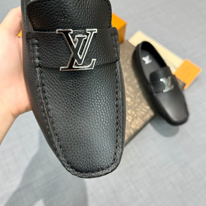 Louis Vuitton Men's Grained Leather Driving Shoes in Dark Gunmetal Hardware