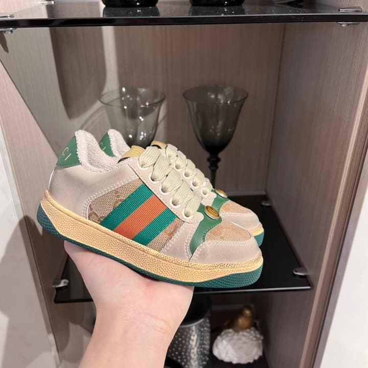 Gucci Rhyton Distressed Kids' Sneakers – Kids Collection – 2023SS in Cream With Blue Flower Design