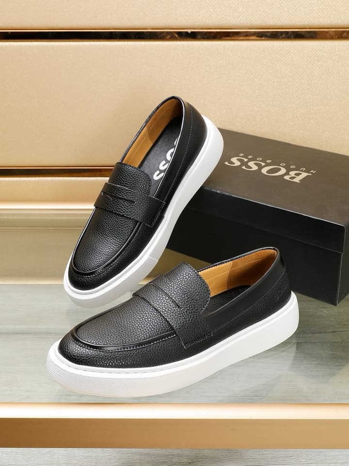 Boss Men's Luxury Leather Slip-On Loafers in Black Smooth Leather