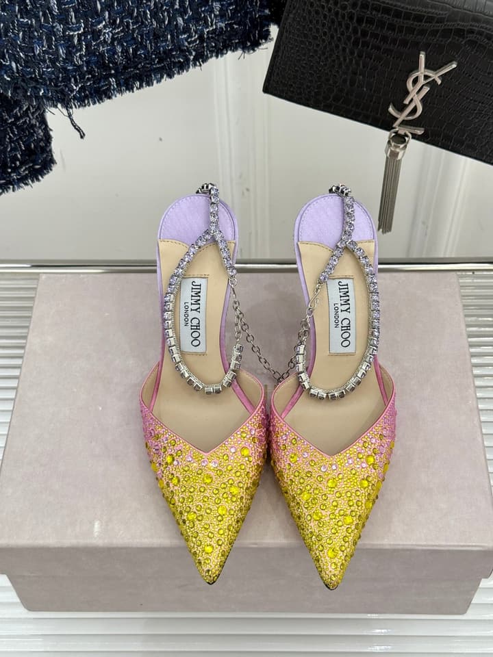 Jimmy Choo Classic Crystal Pointed High-Heeled Sandals in Lavender Yellow Ombre