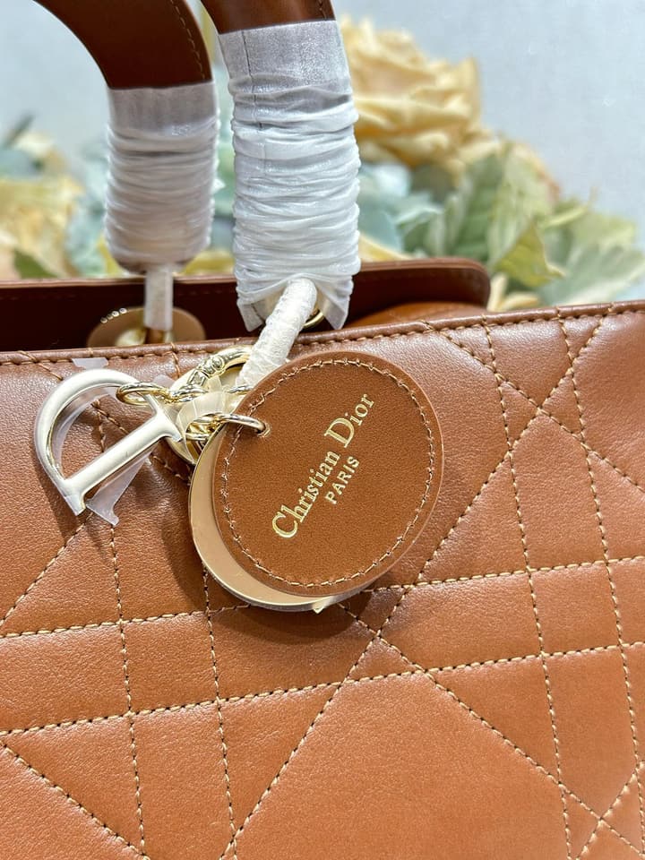Dior Lady Dior Large Tote Bag in Dark Cognac With Gold Hardware