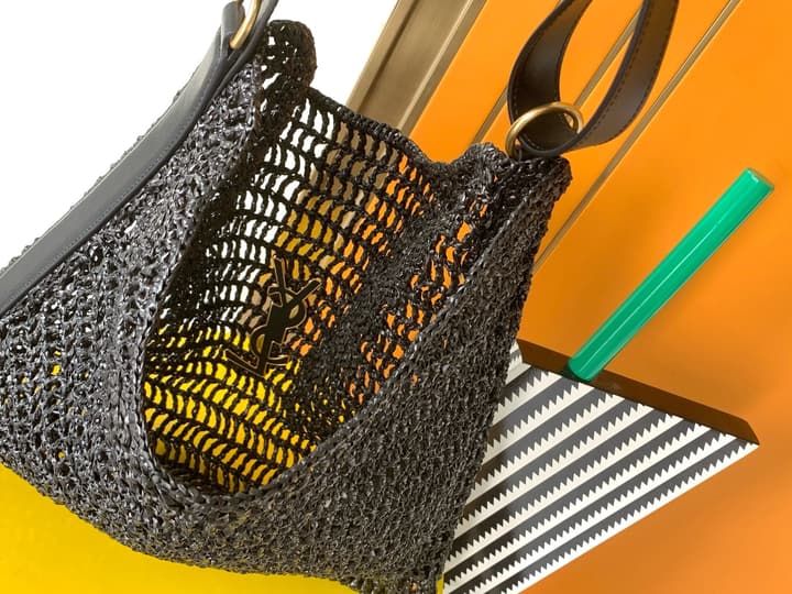 Saint Laurent OXALIS Raffia Crochet Shoulder Bag in Black