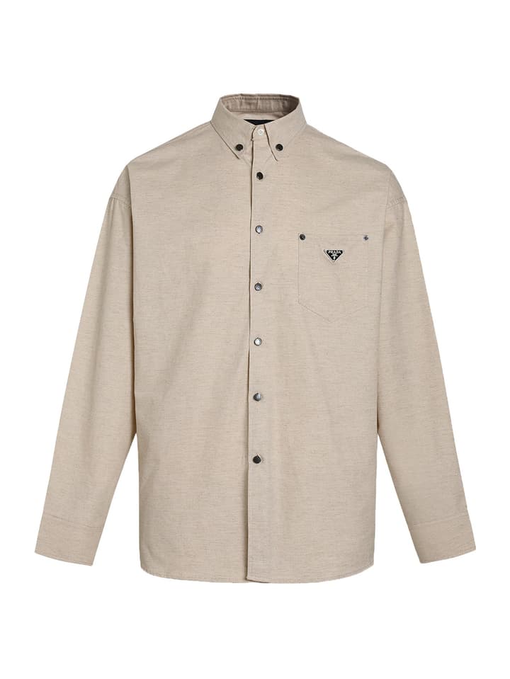 Prada Linen-Cotton Triangle Logo Long-Sleeve Shirt – 25SS in Beige