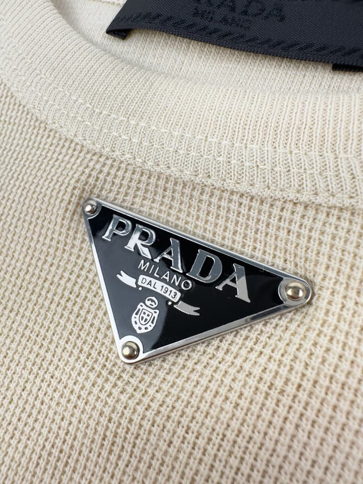Prada Triangle Logo Waffle T-Shirt in Limestone Beige
