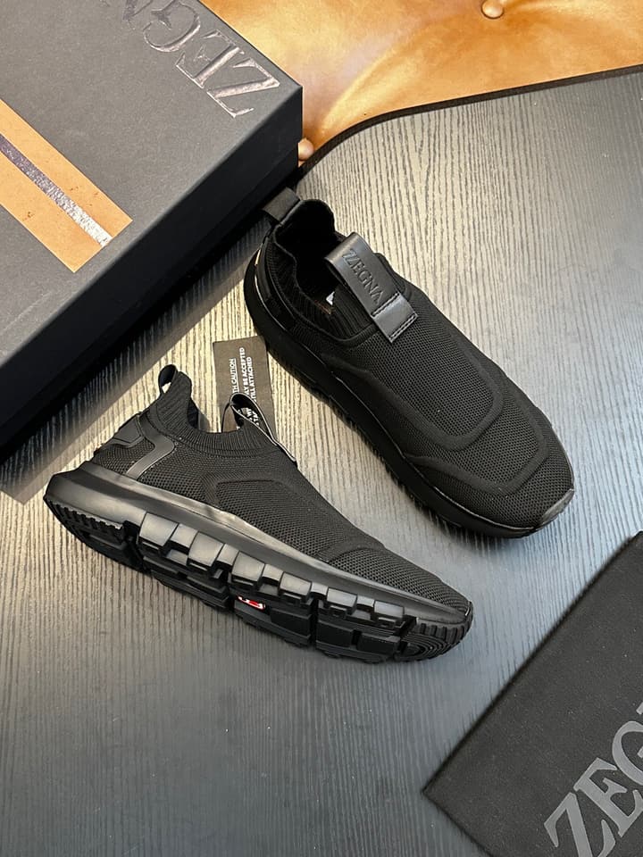 Zegna Techmerino Slip-On Sneakers in Dark Navy With Green Accent