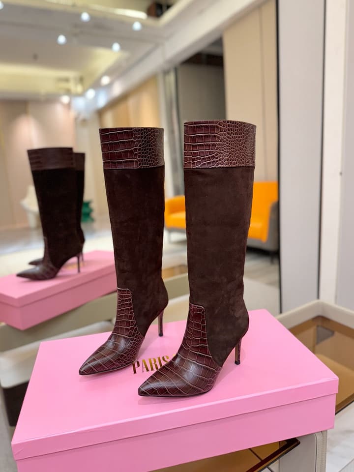 Paris Texas Crocodile Embossed Stiletto Knee-High Boots in Black Suede And Leather