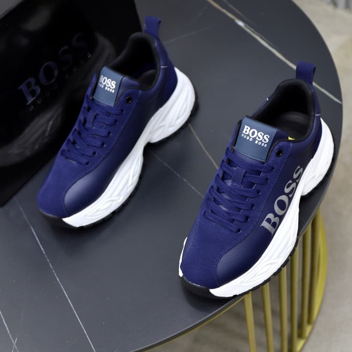 Boss Men's Luxury Running Sneakers in Black Mesh With White Sole