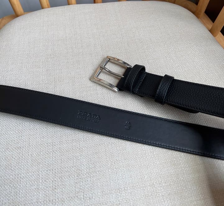 Prada Leather Belt with Triangle Logo in Black Leather Gold Buckle