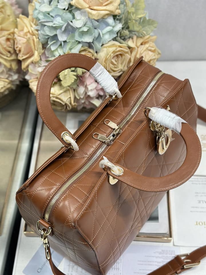 Dior Lady Dior Large Tote Bag in Dark Cognac With Gold Hardware