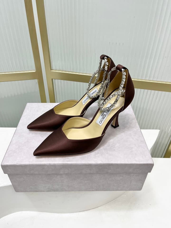Jimmy Choo Stevie 100 Satin Bow Heels in Brown Satin