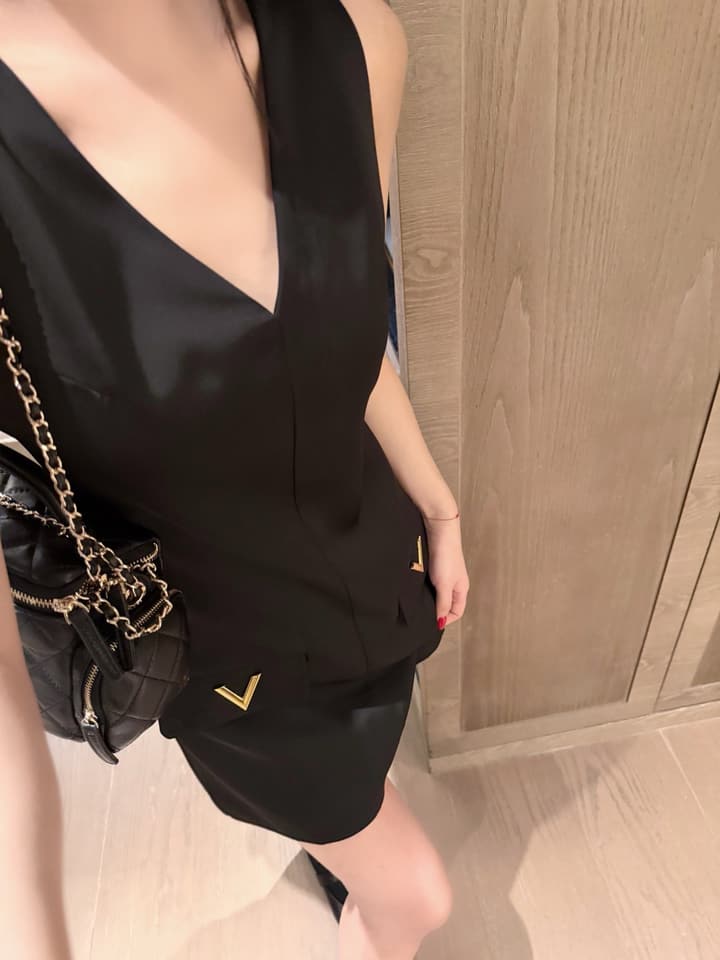 Valentino V-Neck Satin Dress with V Logo Detail in Black