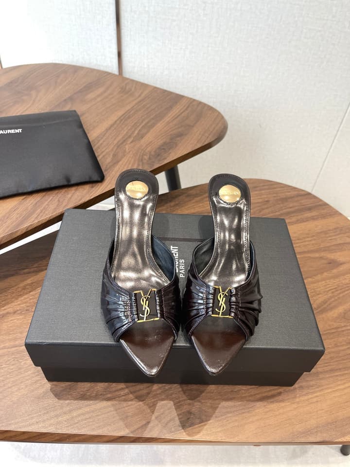 Saint Laurent Pointed Toe Stiletto Heeled Sandals – 26SS in Black - Gold Logo Plaque