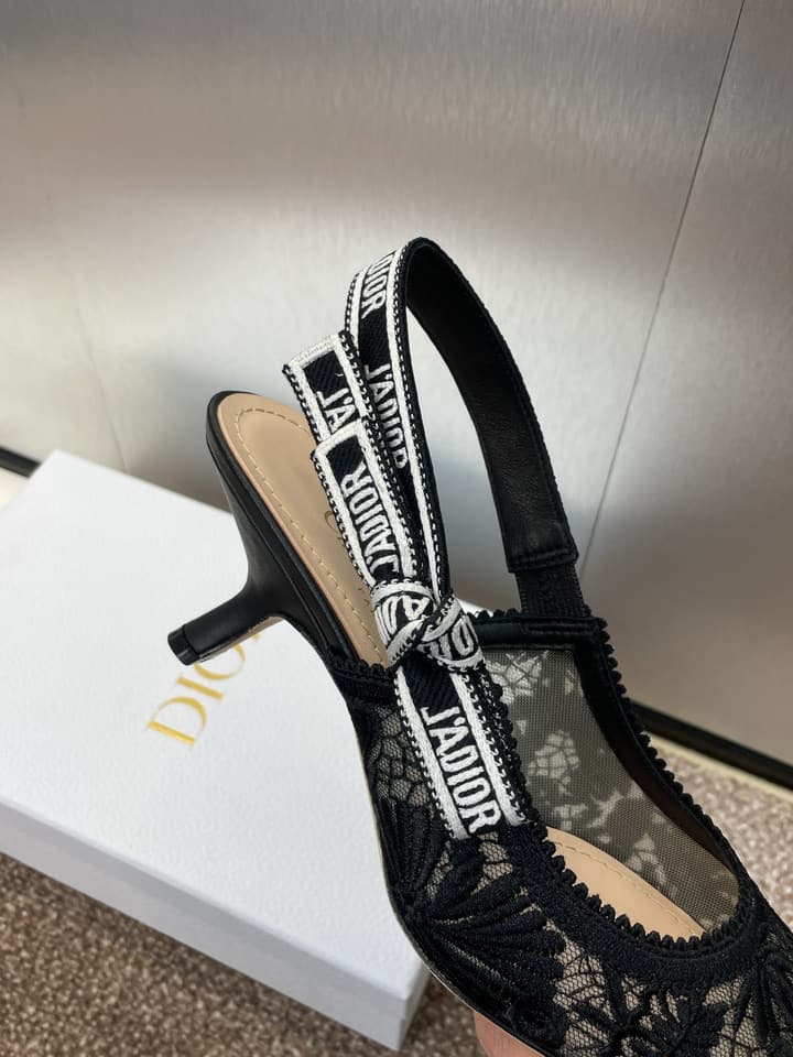 Dior J'Adior Oblique Jacquard Heeled Sandals – 2023 Spring/Summer Collection in Black Oblique Mesh 6.5cm Heel, Brightly Lit Front