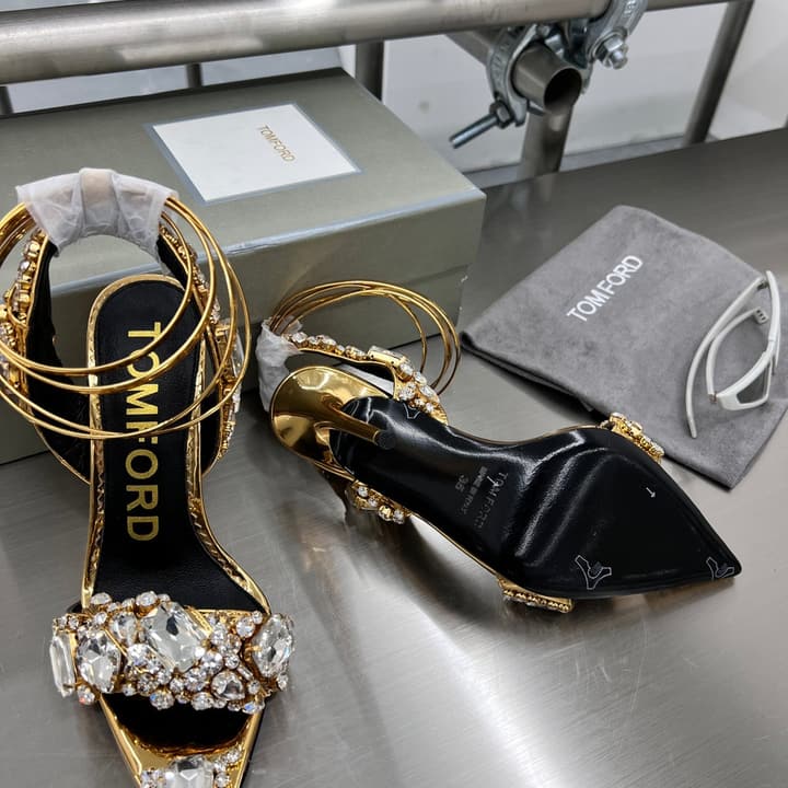 Tom Ford Gold Crystal Heeled Sandals in Metallic Gold