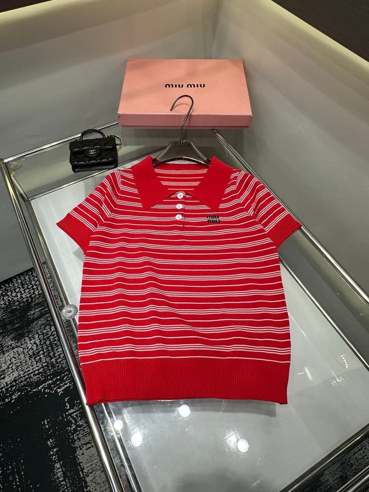 Miu Miu Embroidered Striped Knit Polo Shirt in Brown