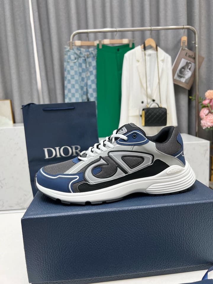 Dior B30 Unisex Mesh and Leather Sneakers in Navy Blue And Grey