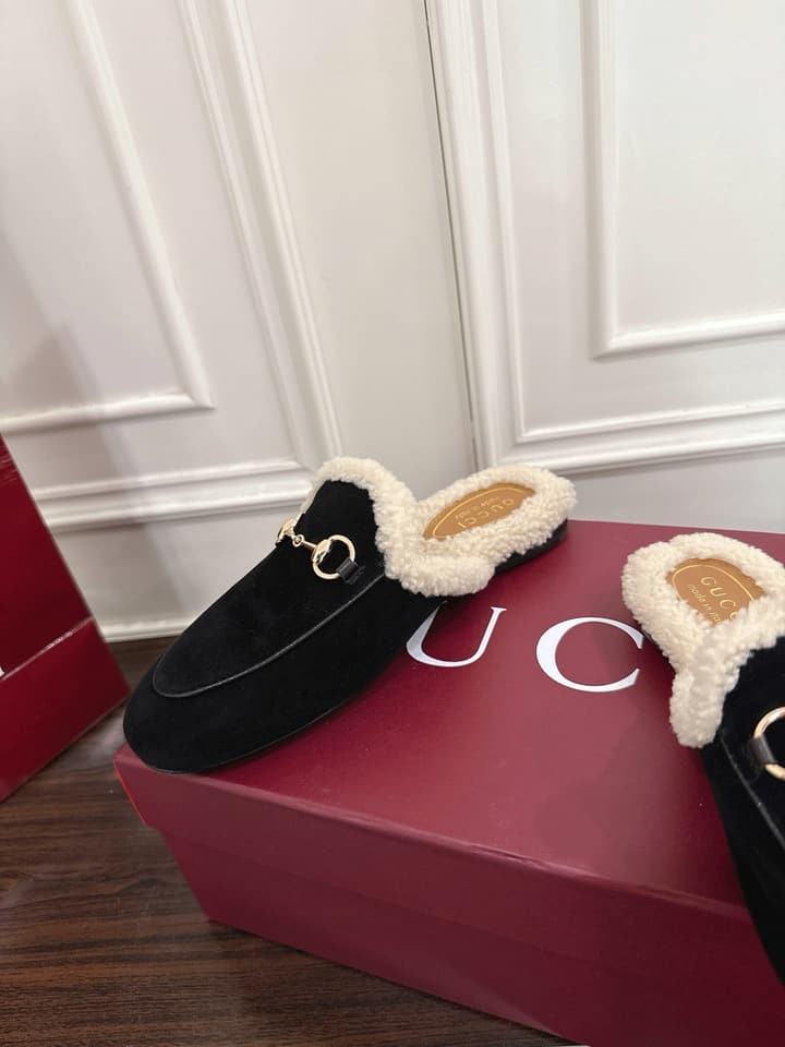 Gucci Princetown Merino Wool Mules in Black Suede With Silver Hardware