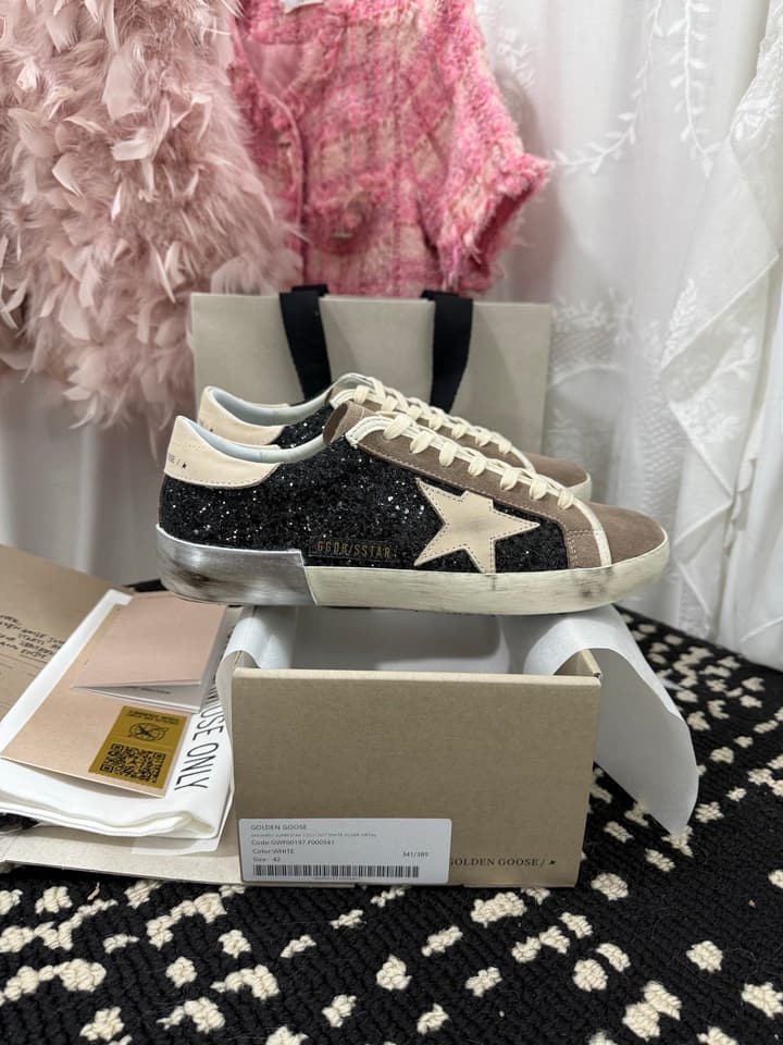 Golden Goose Super Star Rhinestone Leather Sneakers in Grey Suede Black Leather White Star