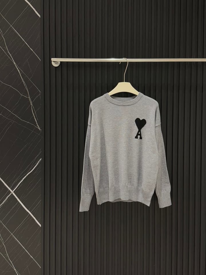 AMI Paris Heart Logo Knit Sweater in Light Gray With Black Heart